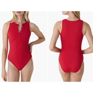Andie Malibu Long Torso One-Piece Swimsuit Cherry Red snap up high neck sz L EUC
